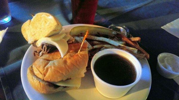 French Dip with super salty dip. Cheese was barley melted