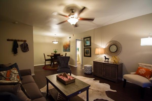 Spacious living room with wood flooring throughout