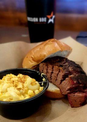 Brisket sandwich with side of mac-n-cheese. Mmmmm.