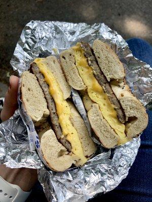 Sausage, Egg, and Cheese on an Everything Bagel