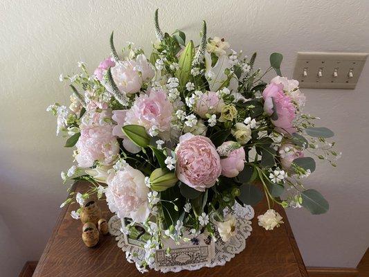 Peony arrangement with Lillys from my friends