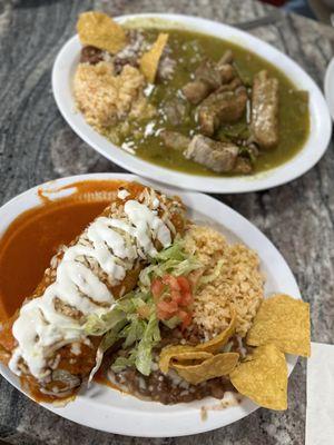 Enchilada burrito de asada and carne con chile