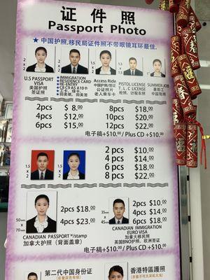 Price chart for passport photos