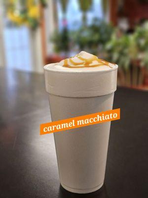 Try our delicious caramel macchiato! We serve it hot, iced, or in frappe form!