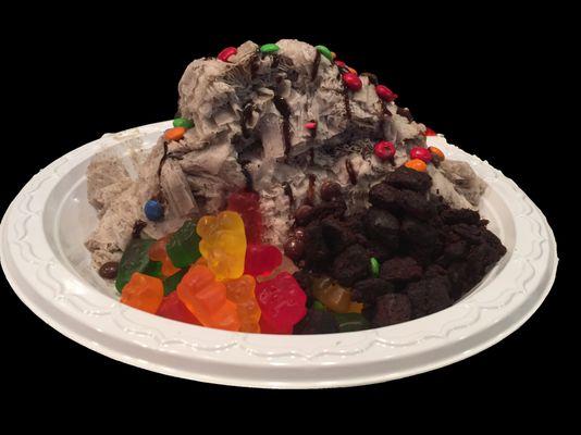 Black sesame Snow Cream with gummy bear, M&M, Brown bites and chocolate syrup