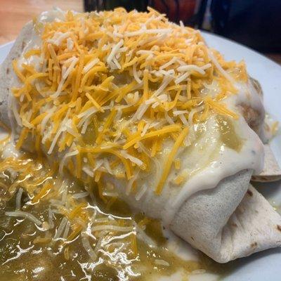 Breakfast burrito topped with green chili and gravy. Very good!