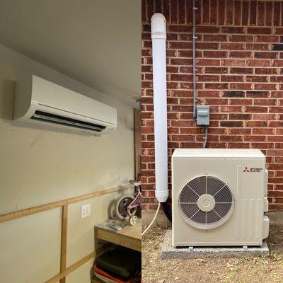 2-ton Mitsubishi mini-split heat pump in a customer's garage