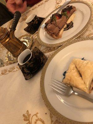 Dessert! Dark chocolate and strawberry tart and, of course, baklava, and some Turkish coffee