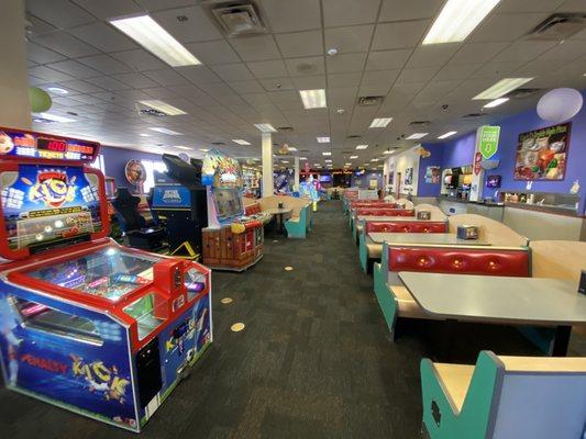 This is the view when you walk into the gaming / eating area. In the far back is the area reserved for birthday parties.