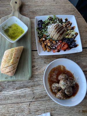 Baked Baguette w oil and pesto, Kobe meatballs, lovely market salad