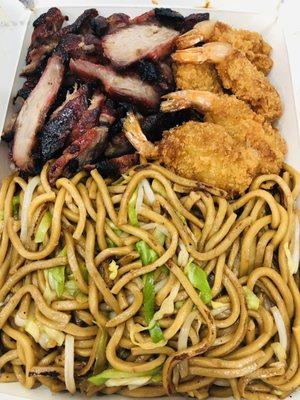 lunch combo #11 -bbq pork, fried shrimp and chow mein