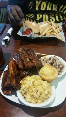 St Louis candied ribs,red beans and rice with Mac and cheese.