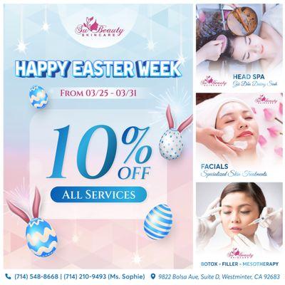 HAPPY EASTER WEEK 
10% OFF Tất Cả Dịch Vụ
Từ 03/25 - 03/31

Mừng lễ Phục Sinh với ưu đãi hấp dẫn tại Su Beauty Skincare!