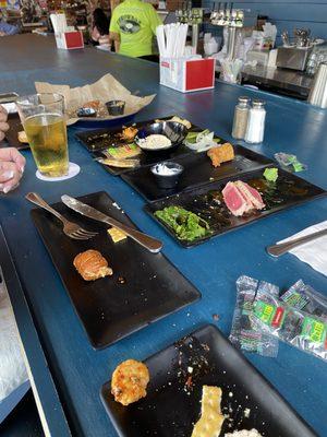 Pretzel Bites, Spicy Shrimp, Smoked Fish Dip, Cheesesteak Egg Rolls & Seared Tuna.  All five were delicious.