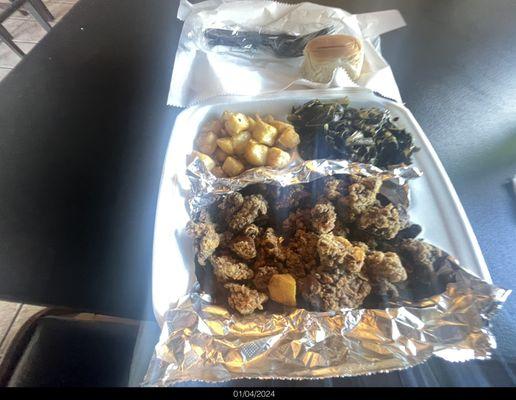 My order as "plated" - Fried Chicken Livers, Collards, Potatoes