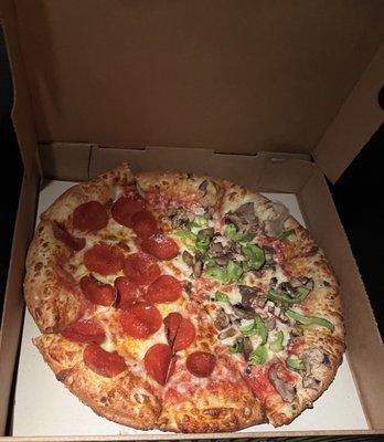 Half pepperoni/half green pepper and mushroom