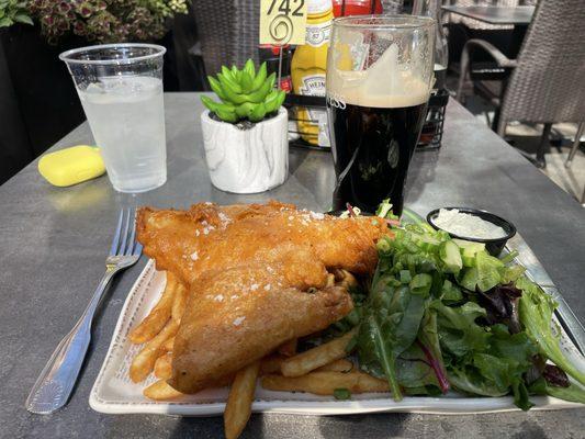 Fish and chips, lunch portion. Guinness