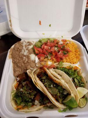 Combo platter with lengua (tongue) tacos.