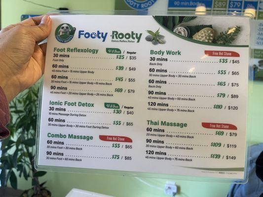 Menu at Footy Rooty