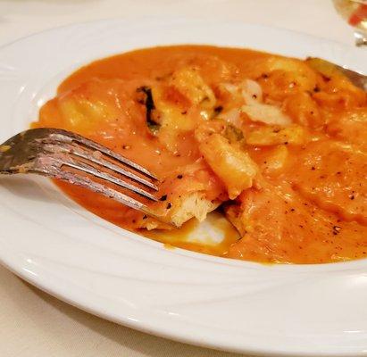 Interior of Lobster Ravioli entrée [with baby shrimps atop]