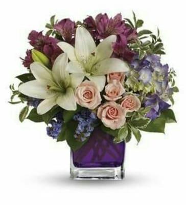 White Lilies, Peach Rose and Purple, astromeria $60