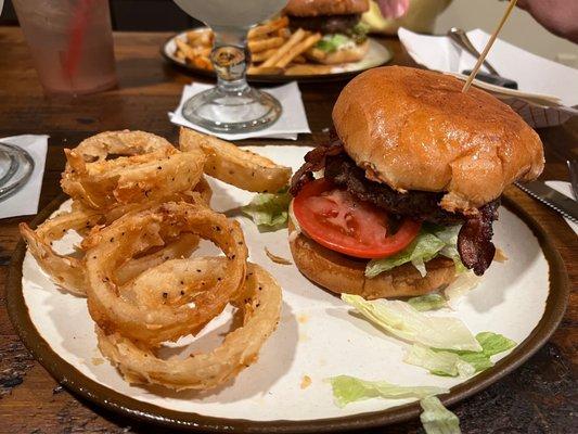 Bacon Bleu cheese burger with awesome rings.