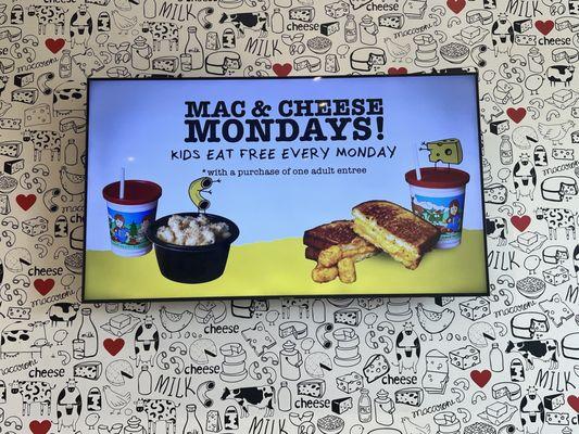 Kids eat free Mac & Cheese Mondays