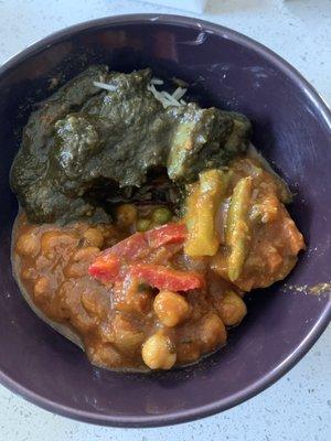 Chana Masala, Veggie Curry, and Aloo Palak in my bowl from home