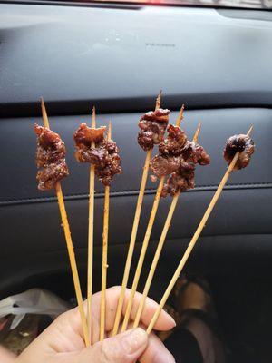 7 out of 10 beef skewers for $8..