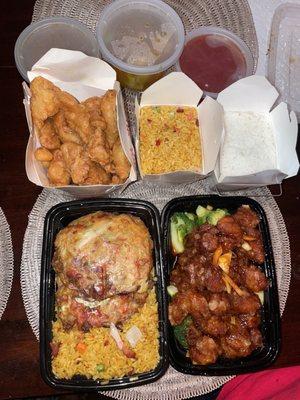 C19. Orange Chicken Combo Platter with fried rice with 94. Shrimp Egg Foo Young and 54. Sweet and Sour Chicken.