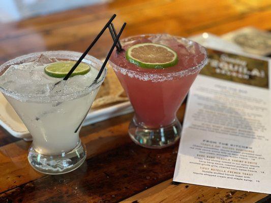 Ultra skinny coconut margarita and a Spicy salted watermelon margarita - chips with pineapple salsa.