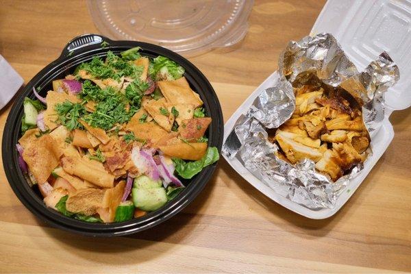 Fattoush Salad and chicken shawarma-- look at the size of that salad bowl!