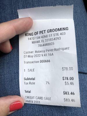 Receipt for medium-small dog.