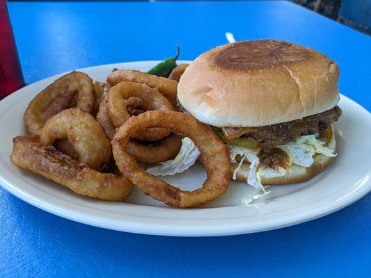 Chili cheeseburger with onion rings