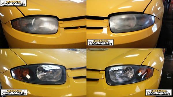 Chevy Cavalier - Headlight Restoration. Before and After.  from "Dull & Yellow to Bright & White".