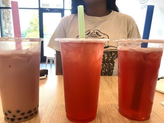 Strawberry milk tea. Watermelon green tea. Raspberry green tea.