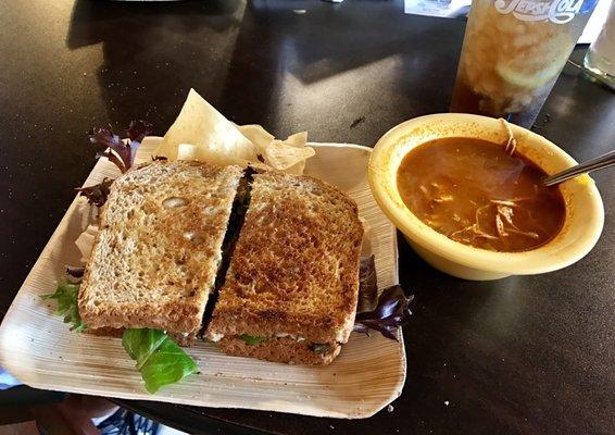 Great tuna salad sandwich on toasted honey wheat bread & chicken tortilla soup.