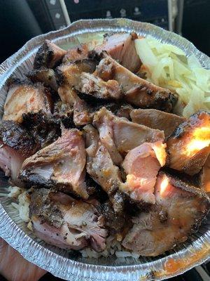 Spicy Jerk Pork, rice and peas, and steamed cabbage