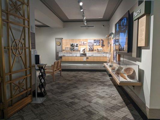 Left side of the front gallery, featuring the exhibit People, Land, and Water, an orientation to The Department of the Interior