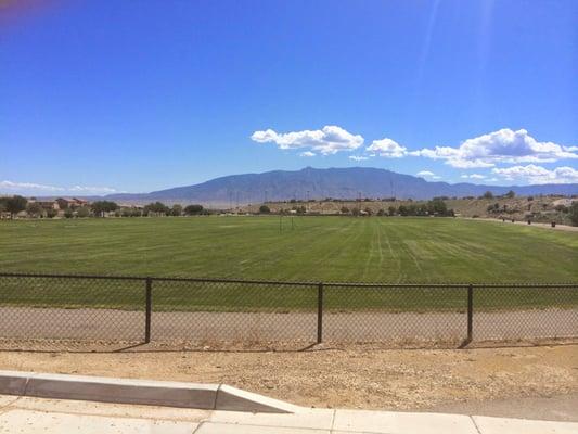 Looking east towards the soccer field with the Sandia Mountains in the background.