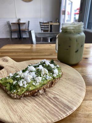 Avocado toast #1 and iced matcha