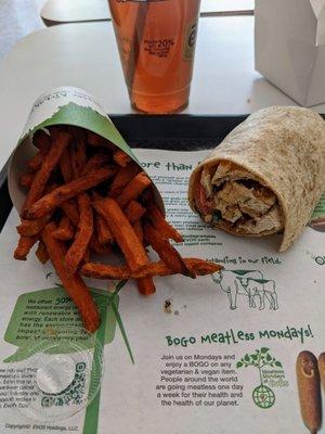 Sweet potato fries and buffalo bacon chicken wrap