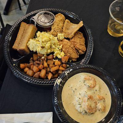 Combination of brunch with shrimp and grits.