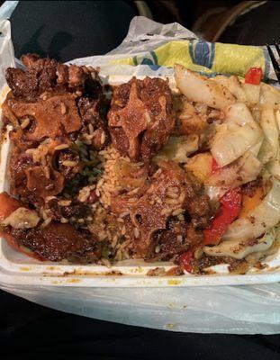 Rice and Peas and cabbage  Oxtail. All gross.