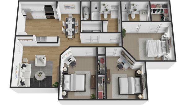 3 Bed 2 Bath Floor Plan