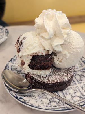 Red velvet cake and vanilla ice cream w/ brownie