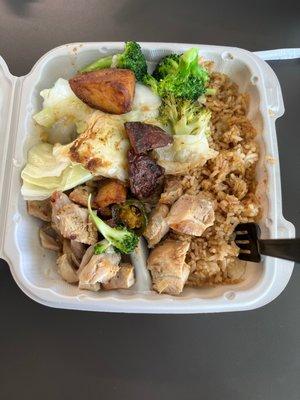 Rice, seasoned potatoes, chicken, mixed vegetables