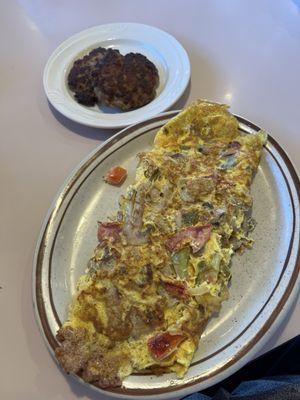 Veggie omelette with fresh hand made sausage patties