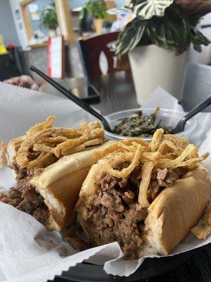 Carolina Korean Cheesesteak w/ a side of collard greens.