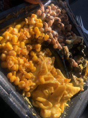 Black eyed peas, corn, Mac & cheese, collard greens